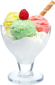 three scoops of ice cream in a glass bowl