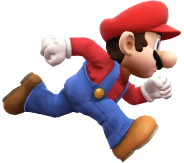 a cartoon character in a red hat and blue overall running