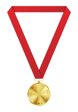 a gold medal with a red ribbon around it