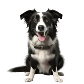 a black and white dog with its tongue out