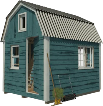 a small blue shed with a metal roof