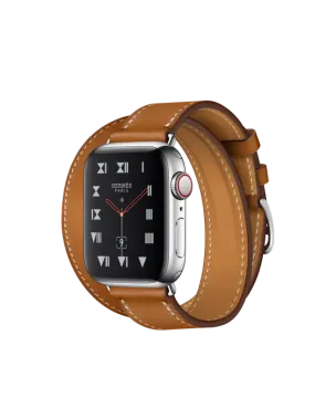 an apple watch with a brown leather band
