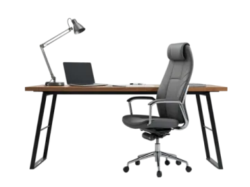a desk with a chair and a laptop on it