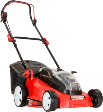 a red lawn mower on a white background