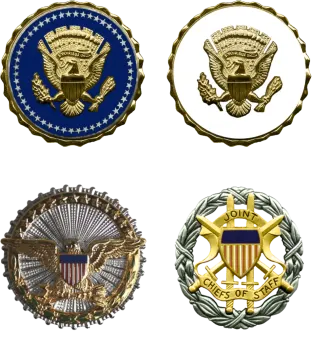 A set of four badges with the words vice, and vice
