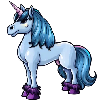 a cartoon unicorn with blue hair and purple boots