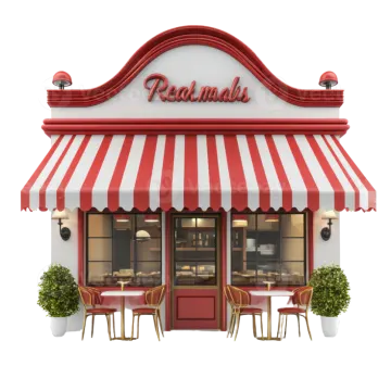 a restaurant with red and white aws