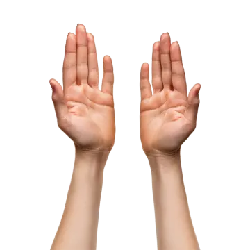 two hands are holding something in the air