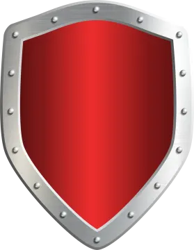 a red shield with metal ries