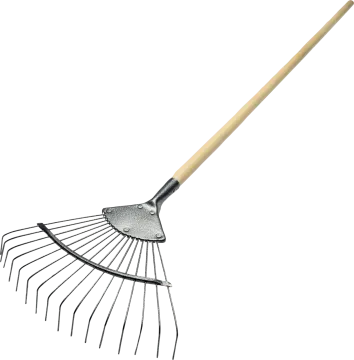 a metal rake with wooden handle