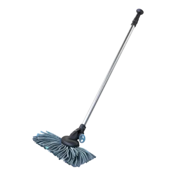 a blue dust mop on a white background