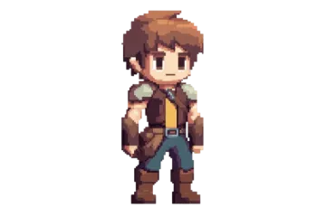 a pixel art of a young boy in a brown jacket and jeans