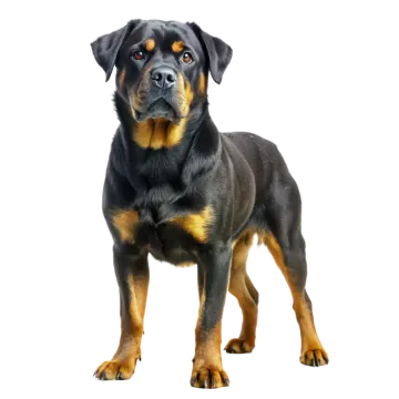 a black and brown dog standing on a white background