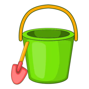 a green bucket with a shovel