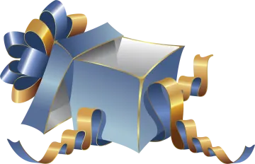 a blue and gold gift box with a bow