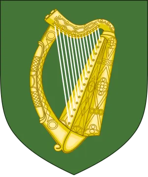 a green shield with a gold harp on it
