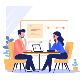 two people sitting at a table talking to each other people