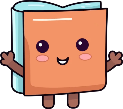 a cartoon book with arms up and eyes open