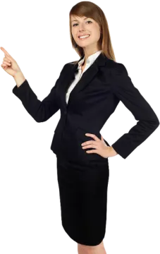 a woman in a business suit pointing at the camera
