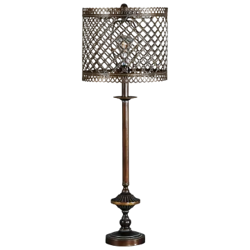 a table lamp with a metal shade on it