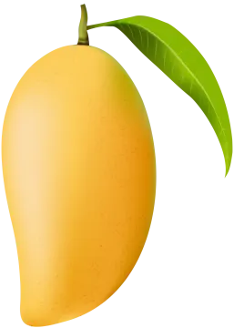 a mango with a green leaf on top