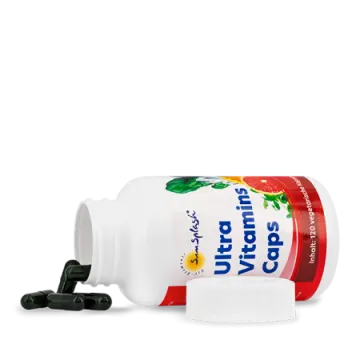 a bottle of vitamin capsules on white background