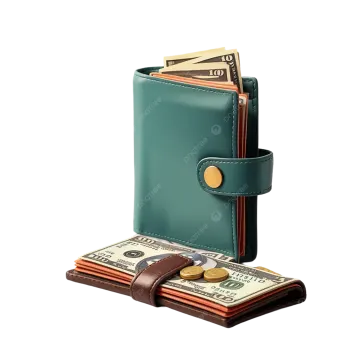 a wallet with money and coins on a white background