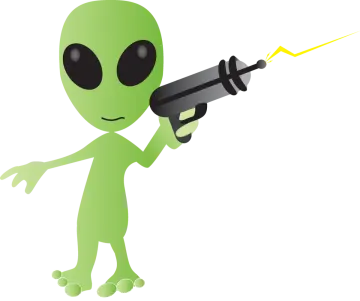 an alien with a gun in his hand