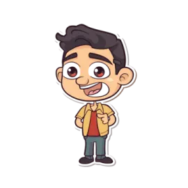 a cartoon character with dark hair and brown eyes