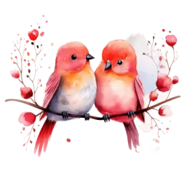 two birds sitting on a branch with hearts