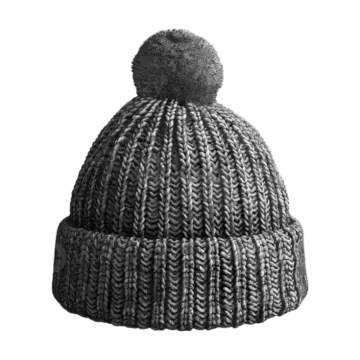 a black and white knit beanie hat with pom