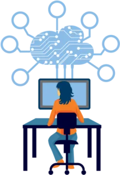 a person sitting at a desk in front of a computer