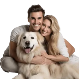 a man and woman hugging their dog