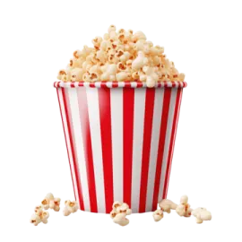 a red and white popcorn bucket filled with popcorn