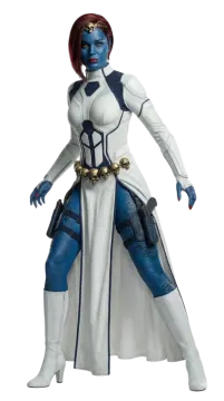 a woman in a white and blue outfit