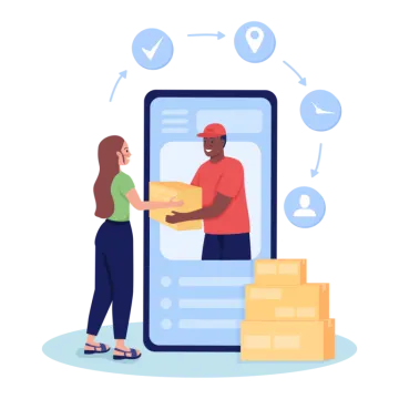 an illustration of a man and woman exchanging boxes into a smartphone