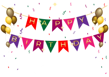 a happy birthday banner with balloons and streamers