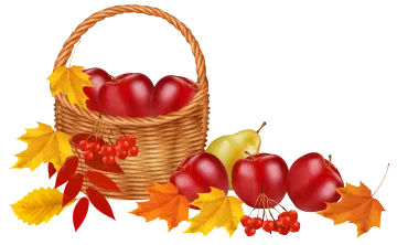 a basket filled with apples and autumn leaves