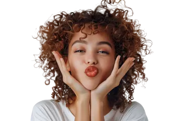 a woman with curly hair is making a funny face