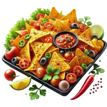 a tray full of nachos with salsa sauce