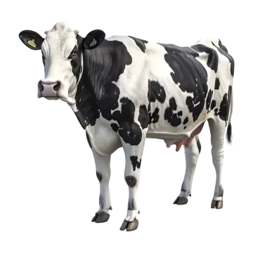 a black and white cow standing in front of a white background