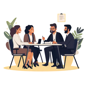 three people sitting at a table talking to each other people