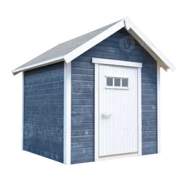 a blue shed with white trim and gray roof