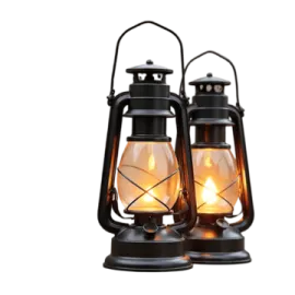 a pair of two black lanterns with orange lights