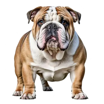 a brown and white dog standing on a white background