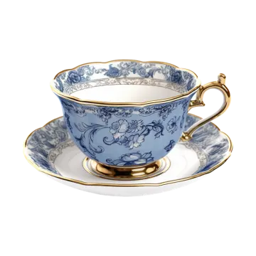 a blue and white tea cup and saucer