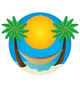 a beach with palm trees and an orange sun
