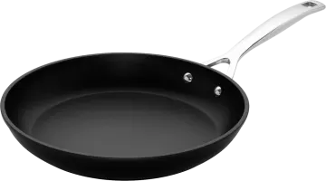 a black frying pan with a white handle