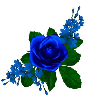 a blue rose with green leaves