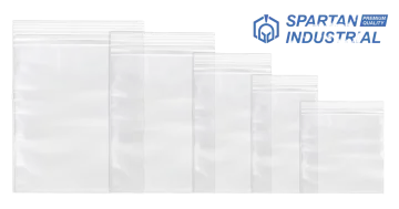 a set of six clear plastic bags with the words spartan industrial